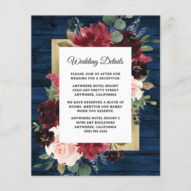 Navy Blue Burgundy Blush Wedding Enclosure Card (Front)