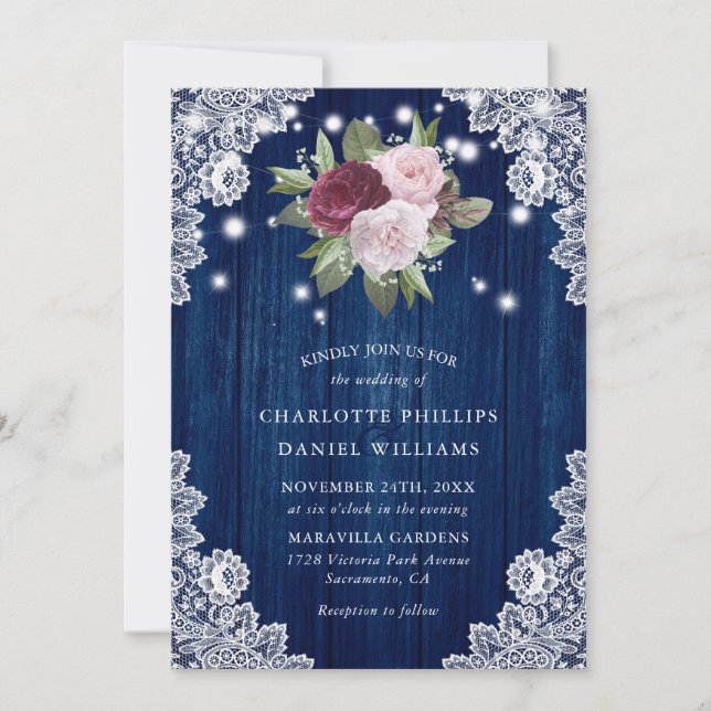 Navy Blue Burgundy Blush White Lace Floral Wedding Invitation (Front)