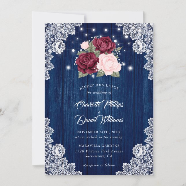 Navy Blue Burgundy Blush Wood Lace Floral Wedding Invitation (Front)