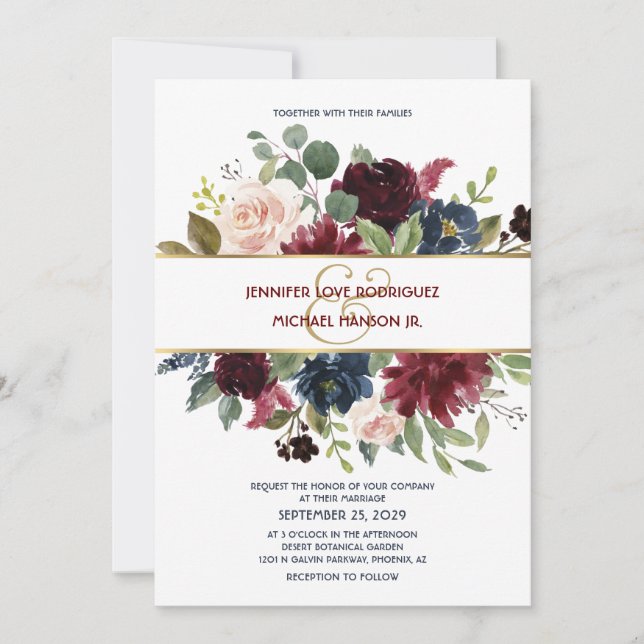 Navy Blue & Burgundy Boho Floral Wedding Invite (Front)
