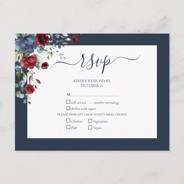 Navy Blue Burgundy Botanical Script Wedding RSVP Invitation Postcard (Front)