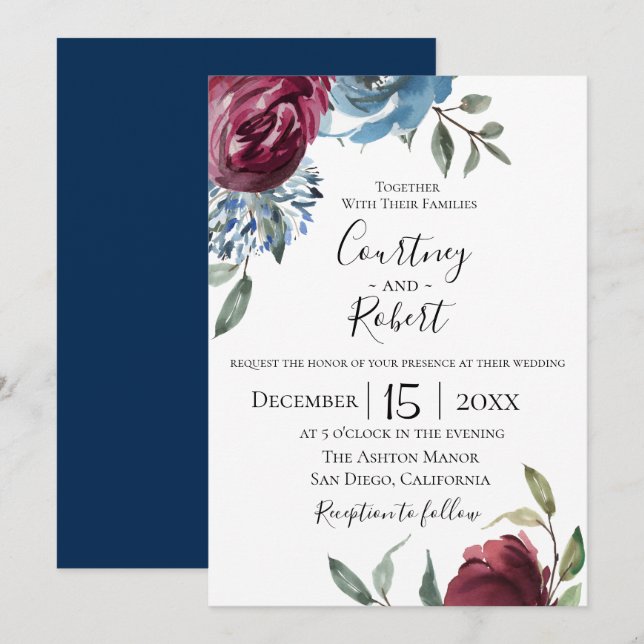 Navy Blue Burgundy Botanical Wedding Invitation (Front/Back)