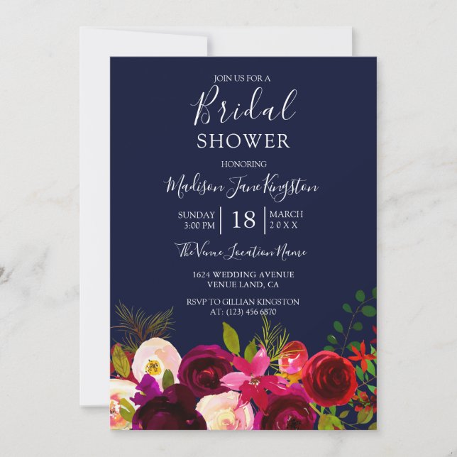 Navy Blue Burgundy Bridal Shower Floral Invitation (Front)