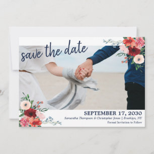 Navy Blue Burgundy Coral Floral Photo Wedding Save The Date
