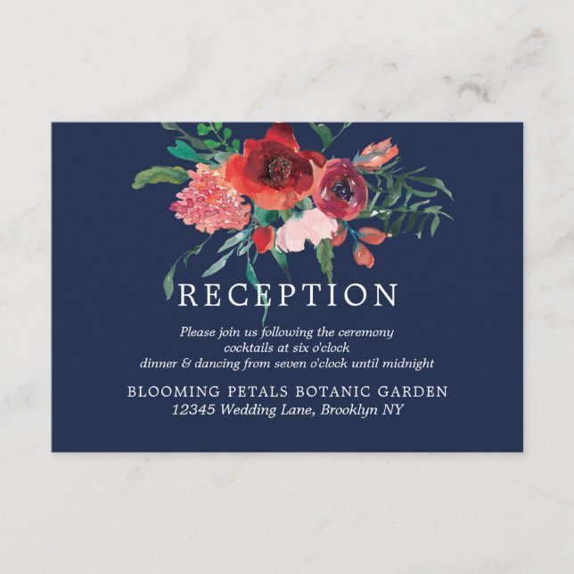 Navy Blue Burgundy Coral Floral Reception Wedding Enclosure Card (Front)
