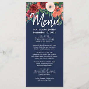 Navy Blue Burgundy Coral Floral Watercolor Wedding Menu