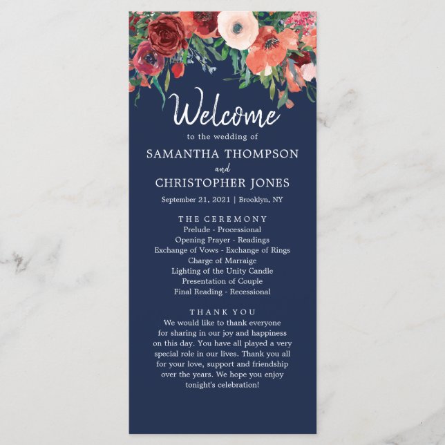 Navy Blue Burgundy Coral Floral Wedding Ceremony Programme (Front)
