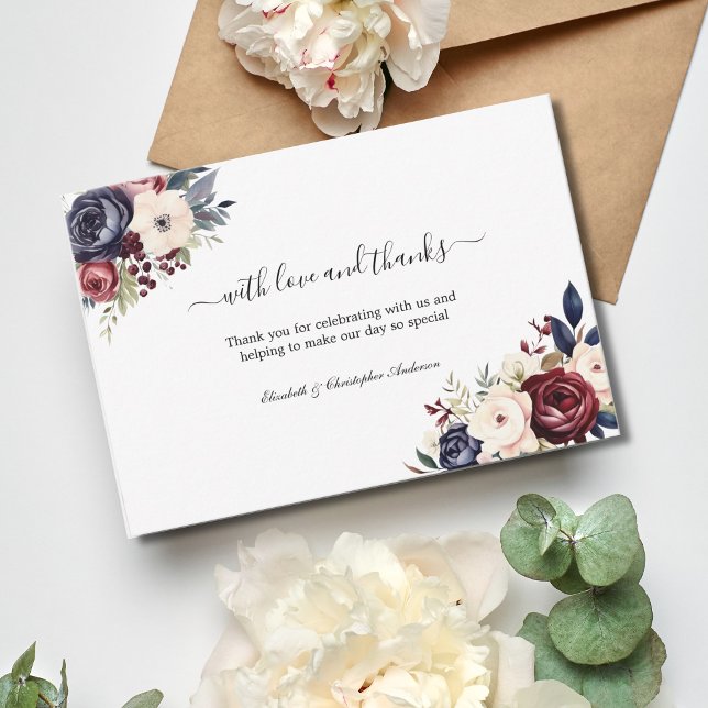 Navy Blue Burgundy Cream Floral Greenery Wedding Thank You Card (Burgundy, Navy Blue and Cream Watercolor Floral Wedding thank you cards)