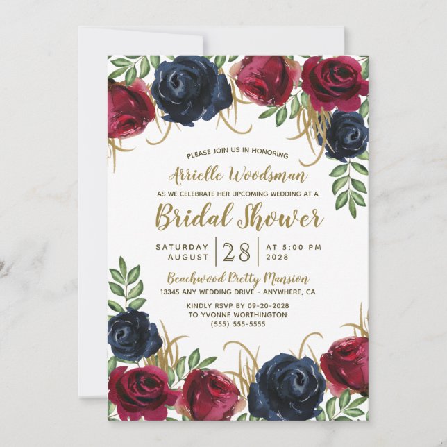 Navy Blue Burgundy Fall Bridal Shower Invitations (Front)