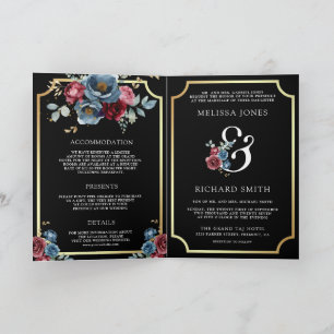 Navy Blue Burgundy Floral Ampersand Black Wedding Invitation