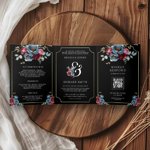 Navy Blue Burgundy Floral Ampersand Black Wedding Tri-Fold Invitation
