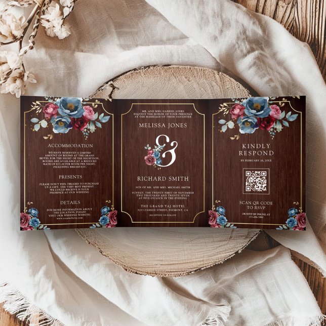 Navy Blue Burgundy Floral Ampersand Wood Wedding Tri-Fold Invitation (Creator Uploaded)