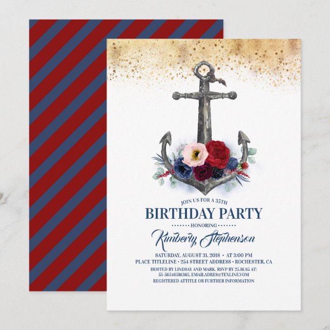 Navy Blue Burgundy Floral Anchor Nautical Birthday Invitation (Front/Back)