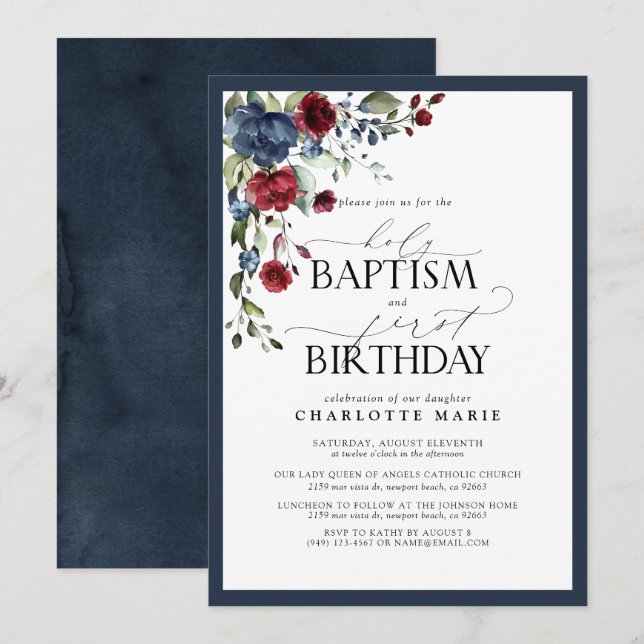 Navy Blue Burgundy Floral Baptism 1st Birthday Invitation (Front/Back)