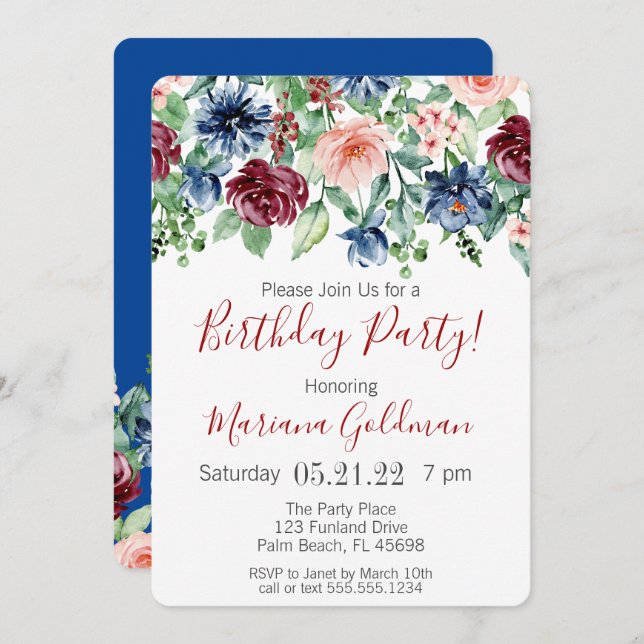 Navy Blue Burgundy Floral Birthday Party Invitatio Invitation (Front/Back)