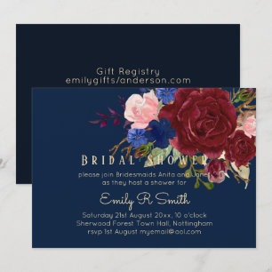 Navy Blue Burgundy Floral Bouquet Wedding Invitation