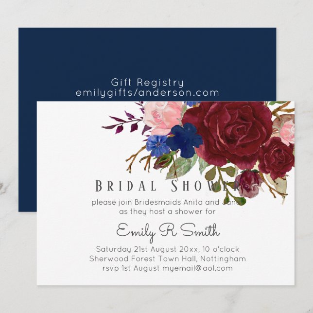 Navy Blue Burgundy Floral Bouquet Wedding Invitation (Front/Back)