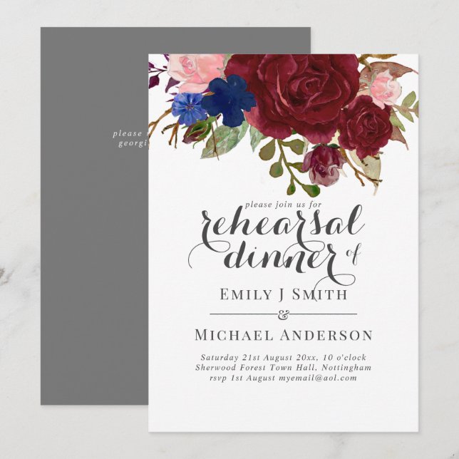 Navy Blue Burgundy Floral Bouquet Wedding Invitation (Front/Back)