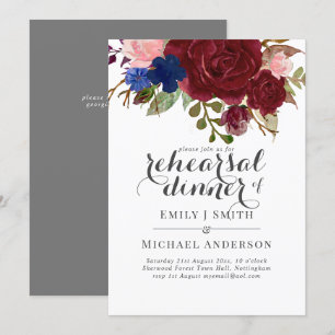 Navy Blue Burgundy Floral Bouquet Wedding Invitation