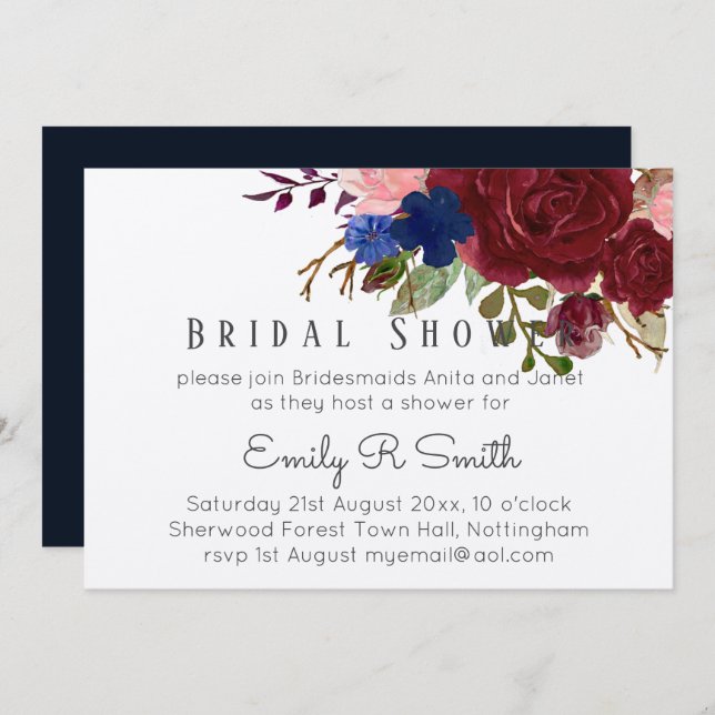 Navy Blue Burgundy Floral Bouquet Wedding Invitation (Front/Back)
