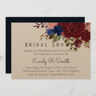 Navy Blue Burgundy Floral Bouquet Wedding Invitation