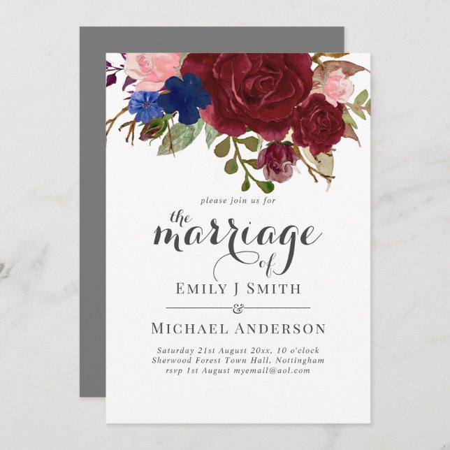 Navy Blue Burgundy Floral Bouquet Wedding Invitation (Front/Back)