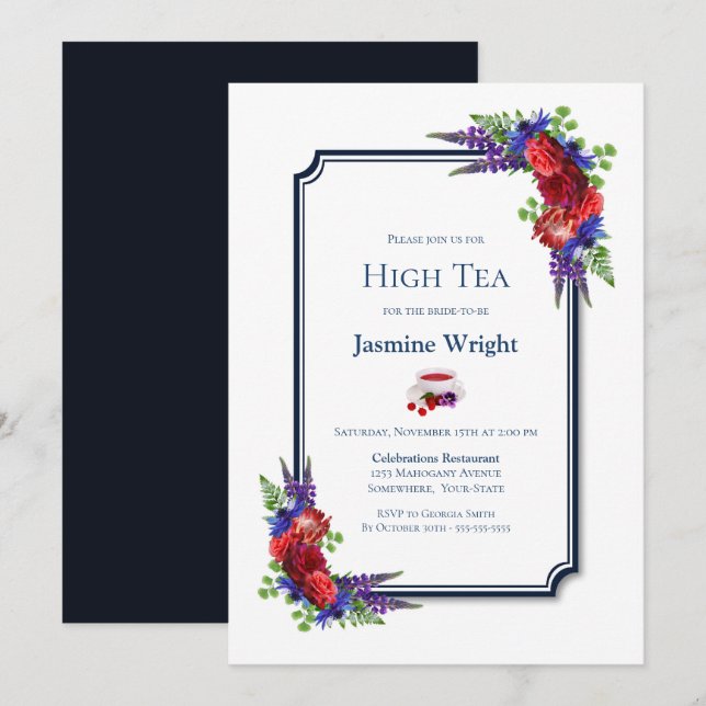 Navy Blue Burgundy Floral Bridal High Tea Invitation (Front/Back)