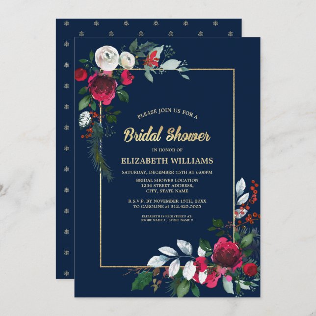 Navy Blue Burgundy Floral Bridal Shower Invitation (Front/Back)