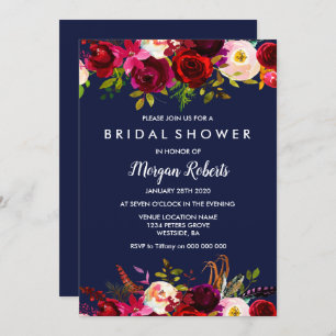 Navy Blue Burgundy Floral Bridal Shower Invitation