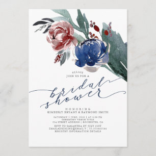 Navy Blue & Burgundy Floral Elegant Bridal Shower Invitation