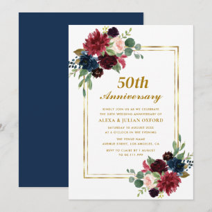 navy blue burgundy floral frame 50th anniversary invitation