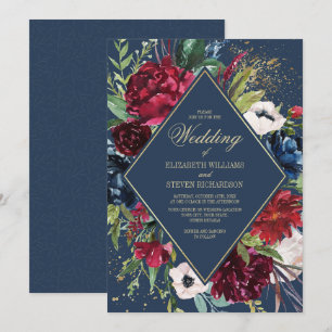 Navy Blue Burgundy Floral Geometric Wedding Invitation