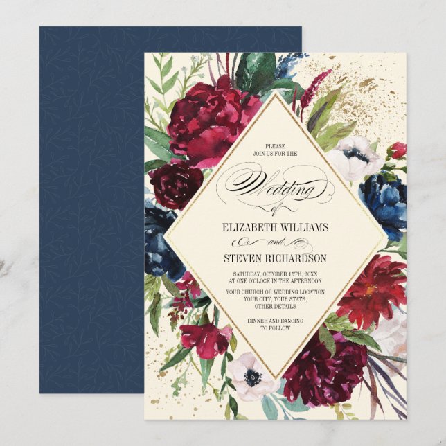 Navy Blue | Burgundy Floral Geometric Wedding Invitation (Front/Back)