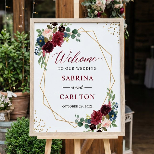 Navy Blue Burgundy Floral Geometric Wedding Sign (Creator Uploaded)