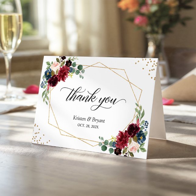 Navy Blue Burgundy Floral Gold Geometric Frame Thank You Card (Creator Uploaded)