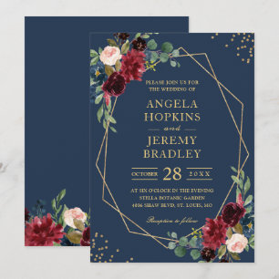 Navy Blue Burgundy Floral Gold Geometric Wedding Invitation
