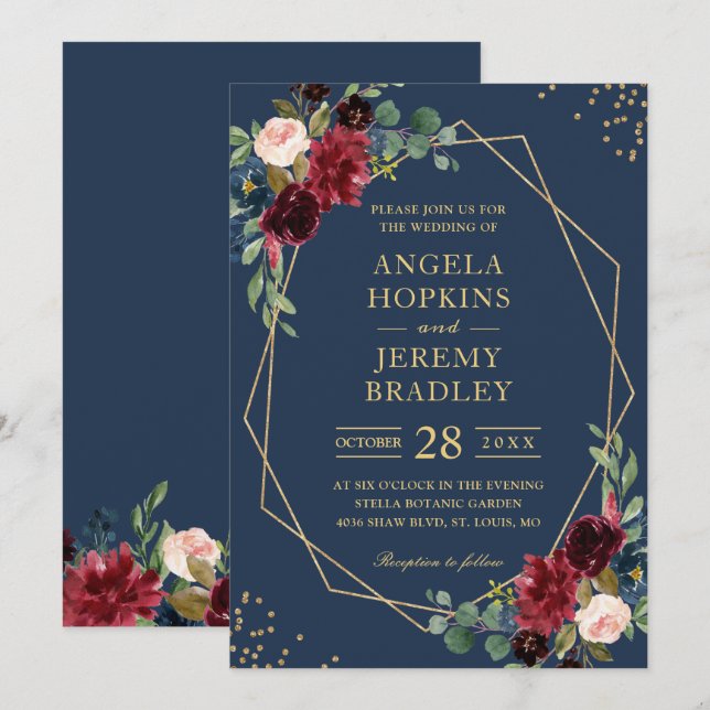 Navy Blue Burgundy Floral Gold Geometric Wedding Invitation (Front/Back)