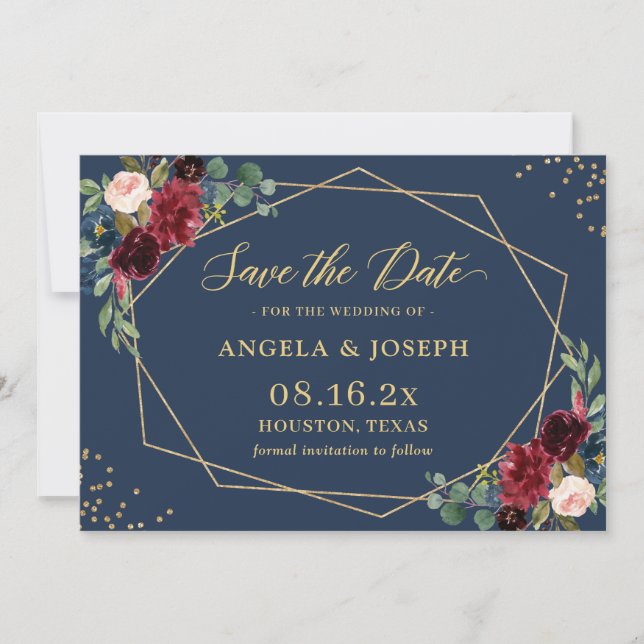 Navy Blue Burgundy Floral Gold Geometric Wedding Save The Date (Front)