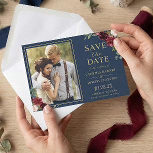 Navy Blue Burgundy Floral Gold Wedding Photo Save The Date