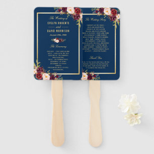 Navy Blue Burgundy Floral Gold Wedding Program Hand Fan