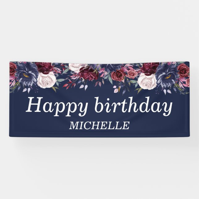 Navy Blue Burgundy Floral Happy Birthday Name Banner (Horizontal)