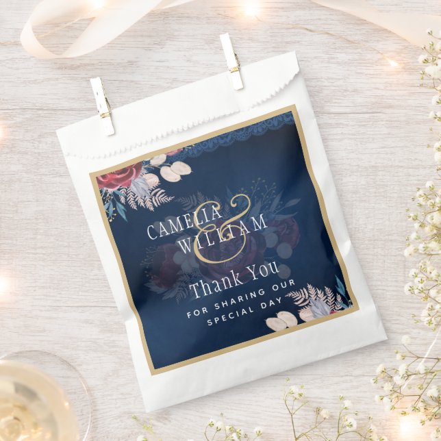 Navy Blue Burgundy Floral Lace Wedding Favour Bags (Clipped)