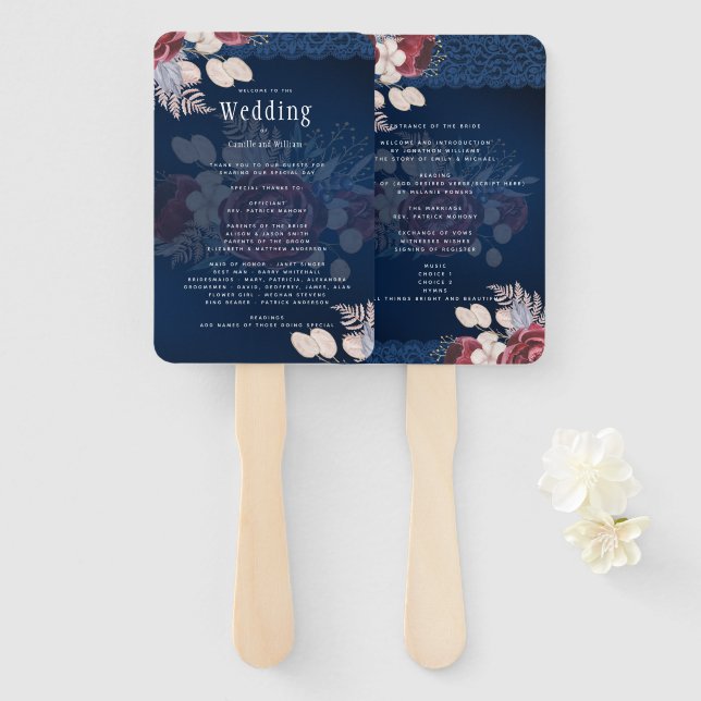 Navy Blue Burgundy Floral Lace Wedding Hand Fan (Front and Back)