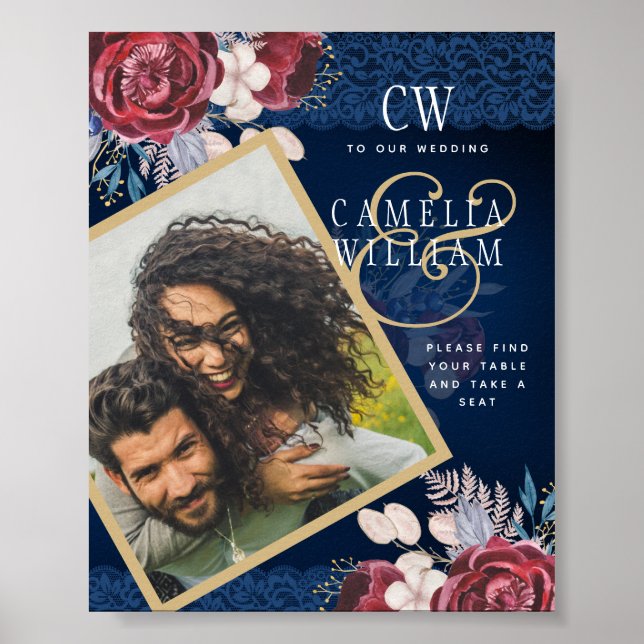 Navy Blue Burgundy Floral Lace Wedding Poster (Front)