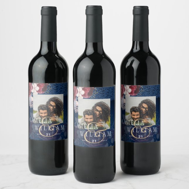 Navy Blue Burgundy Floral Lace Wedding Wine Label (Bottles)
