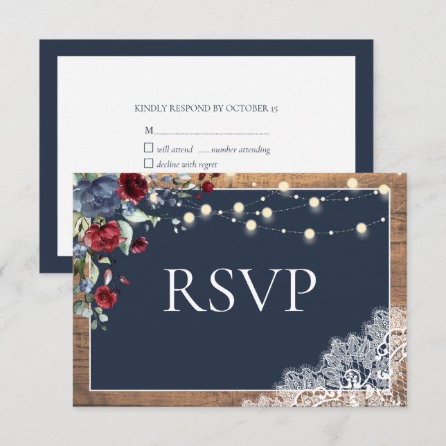 Navy Blue Burgundy Floral Lace Wood Wedding RSVP (Front/Back)