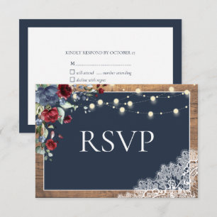 Navy Blue Burgundy Floral Lace Wood Wedding RSVP
