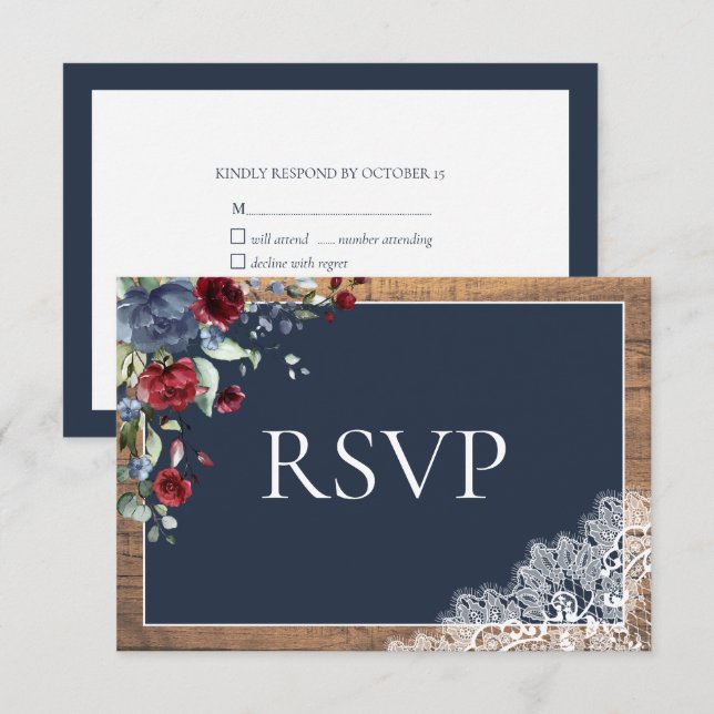 Navy Blue Burgundy Floral Lace Wood Wedding RSVP (Front/Back)