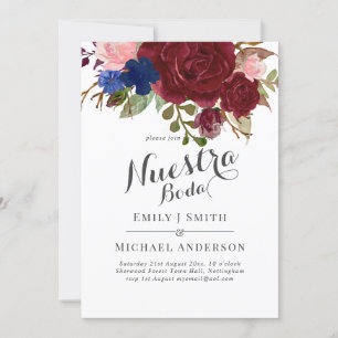 Navy Blue Burgundy Floral Nuestra Boda Spanish Invitation