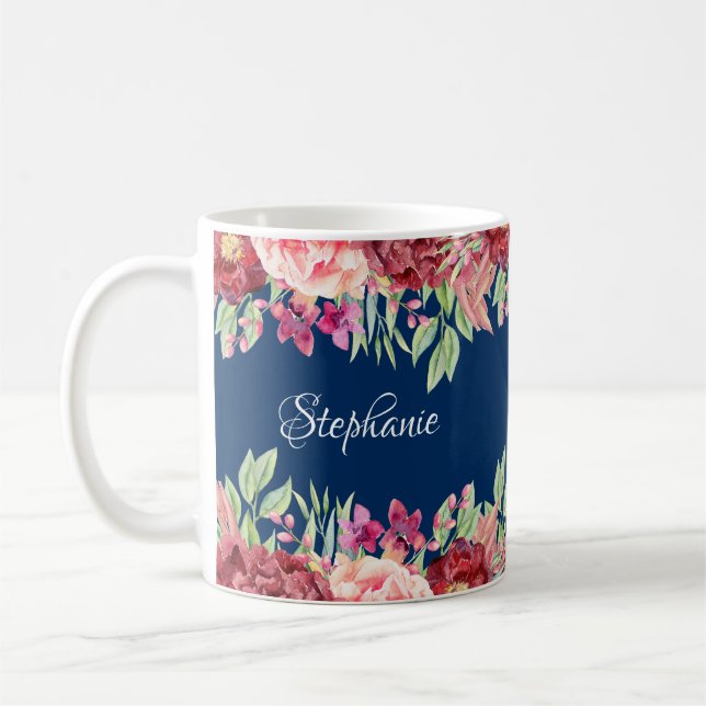 Navy Blue Burgundy Floral Personalised Name Coffee Mug (Left)